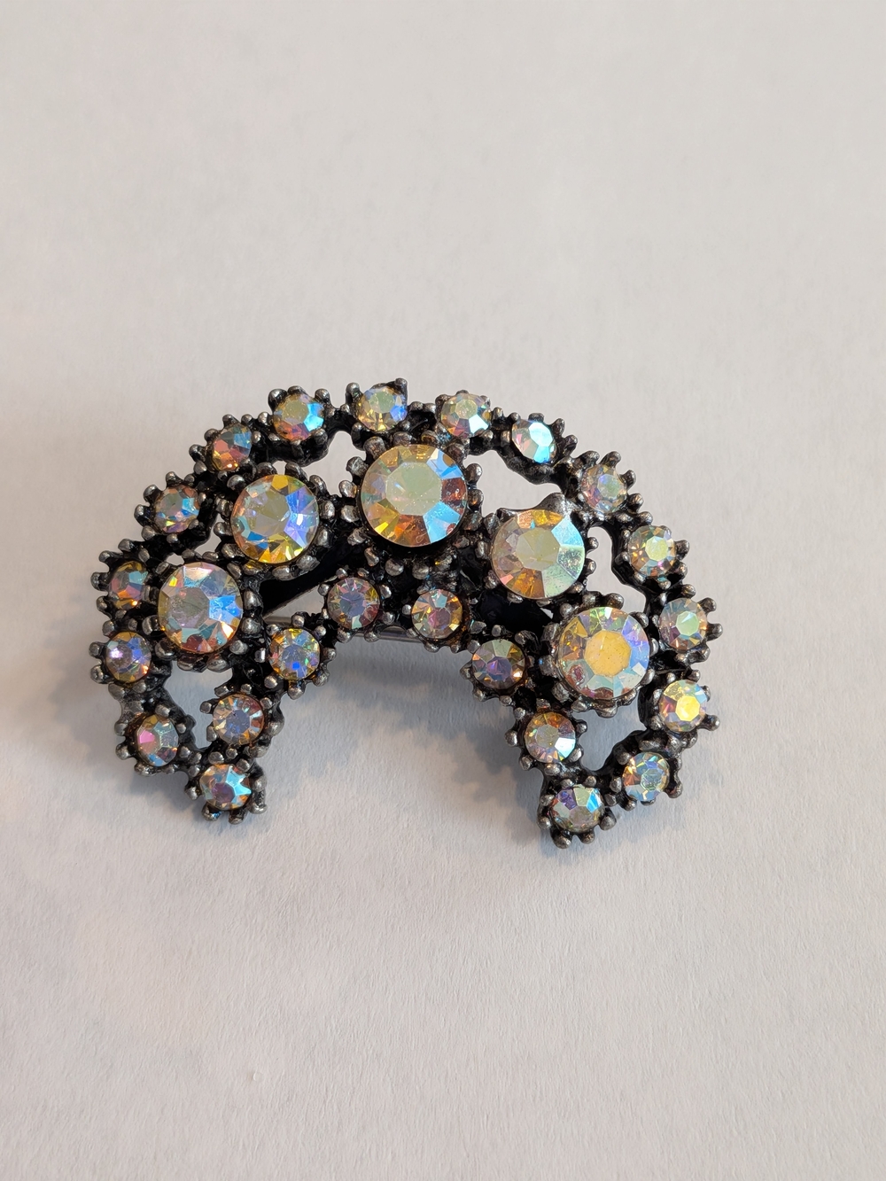 Vintage A.B. Crystal Crescent Brooch - Iridescent Stones